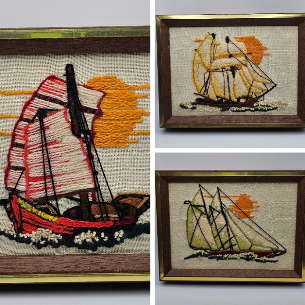 Set Of 3 Vintage 8"x 6" Framed Crewel Embroidery Finished Picture Nautical Boats